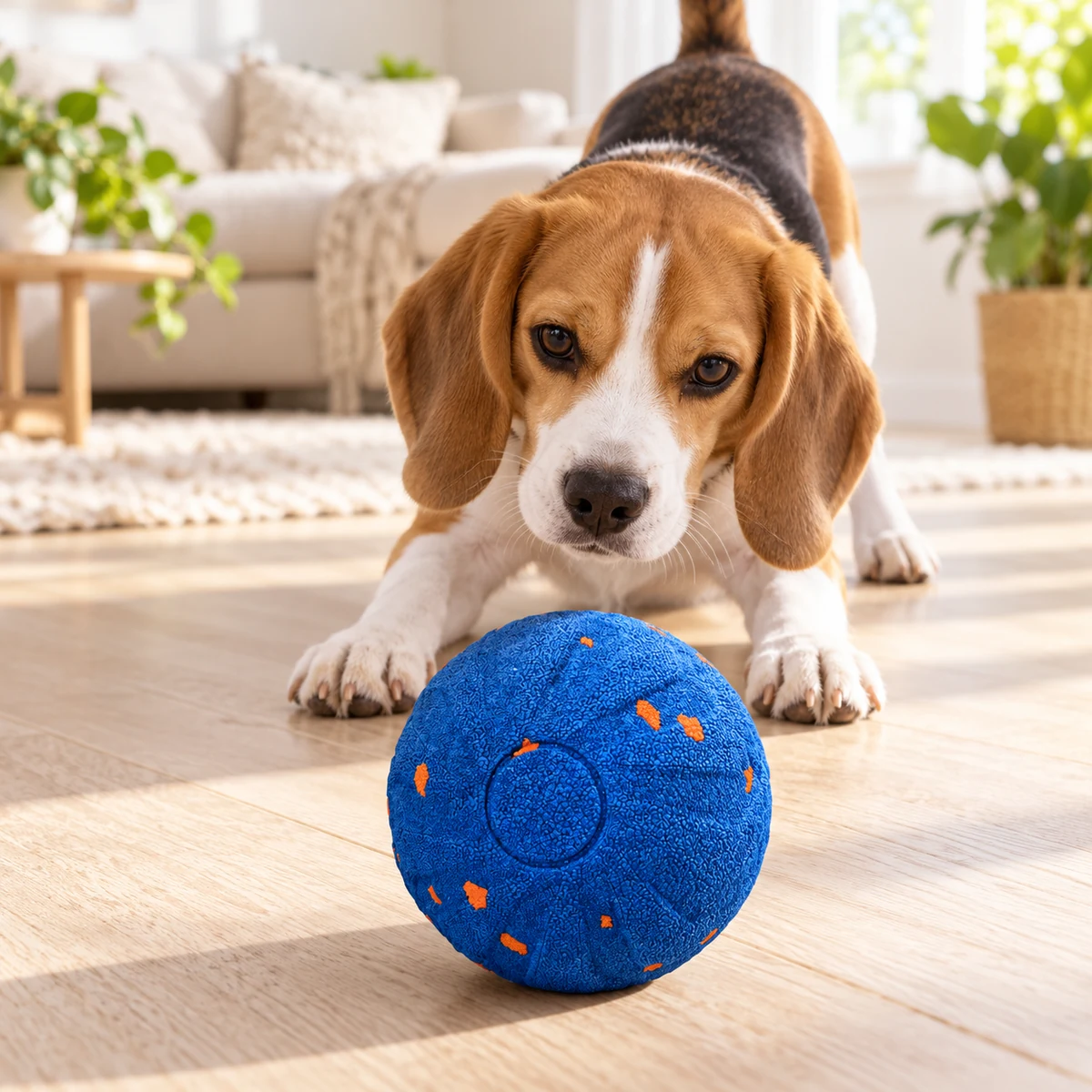 Perro atento junto a la pelota Giro azul sobre el piso de una sala
