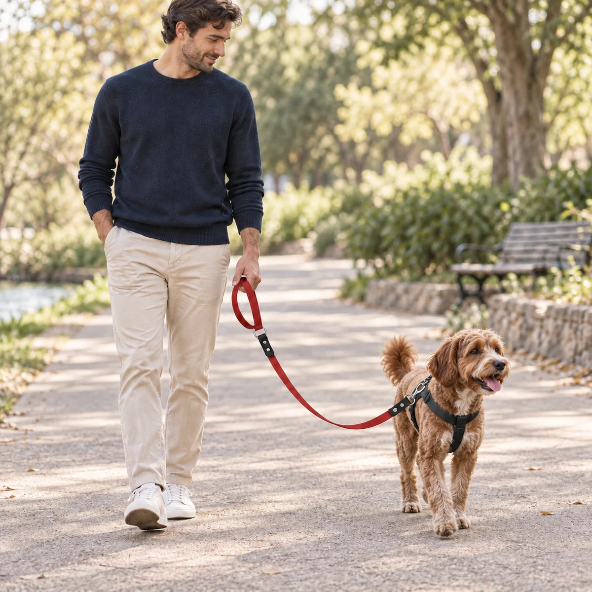 Persona paseando a un perro con la correa plana Nexo roja