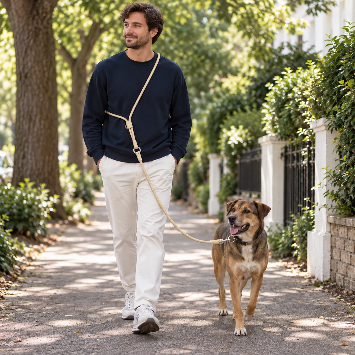 Persona paseando a un perro con la correa de cuerda Origin beige cruzada sobre el cuerpo