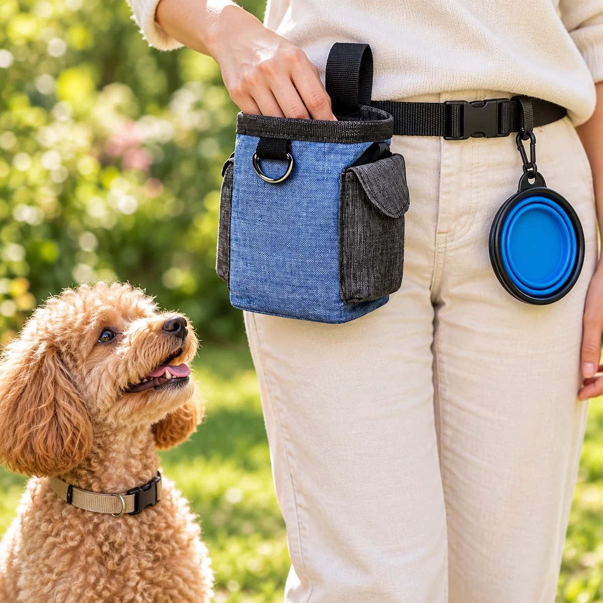 Bolsa Pausa azul a la cintura con cuenco plegable azul y perro durante un paseo