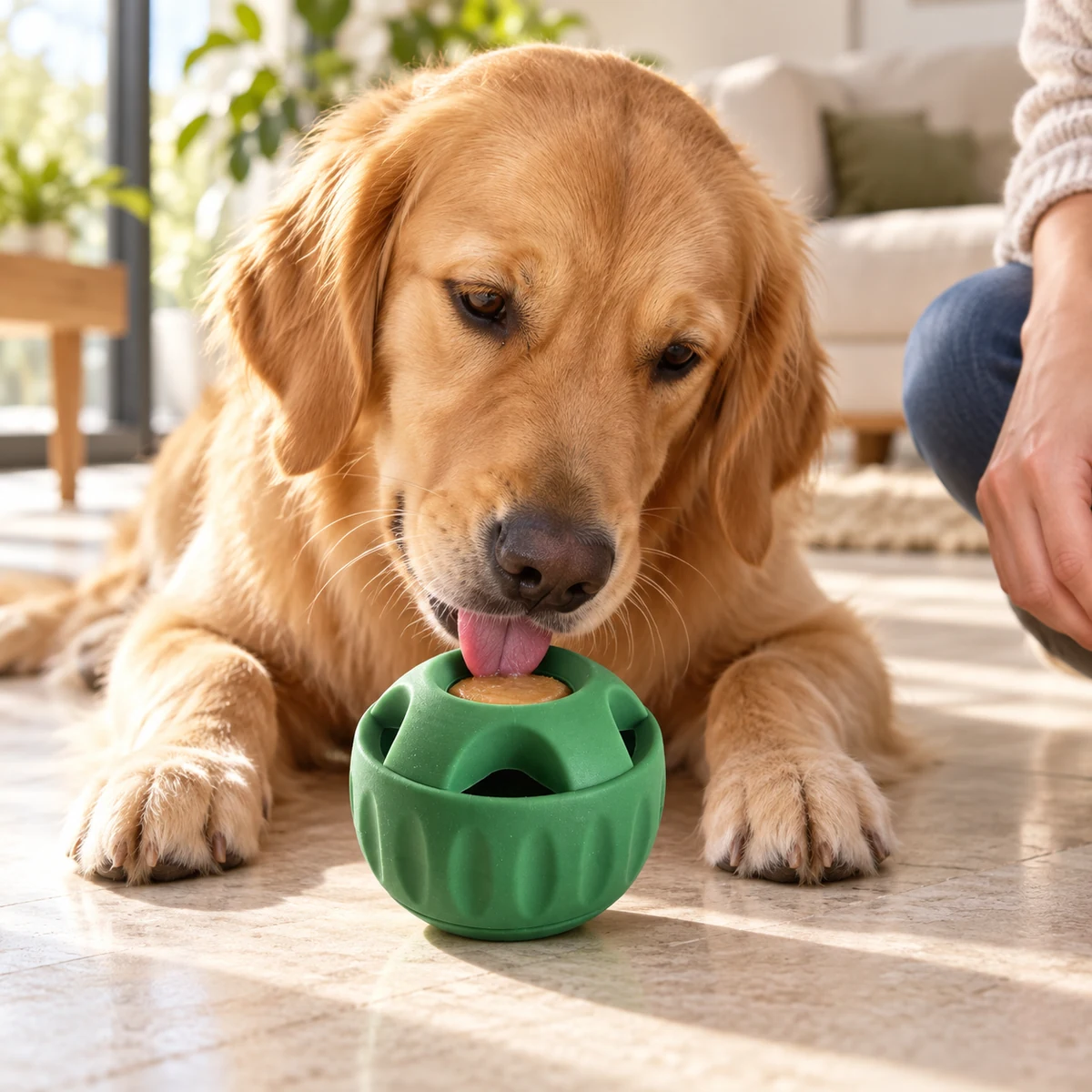 Perro usando la pelota rellenable verde bajo supervisión en casa; ejemplo de relleno
