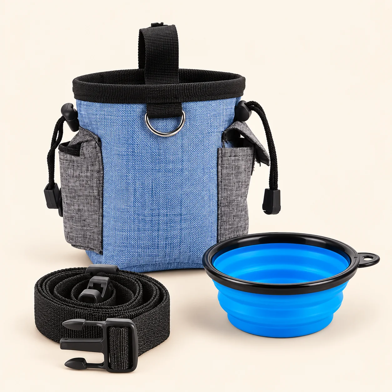 Bolsa azul para premios con cuenco azul plegable y correa negra
