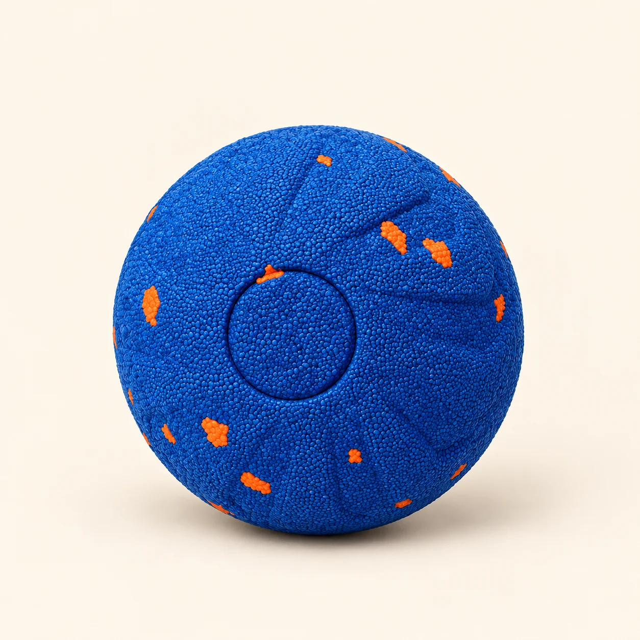 Pelota automática azul de textura granulada con pequeñas manchas naranjas