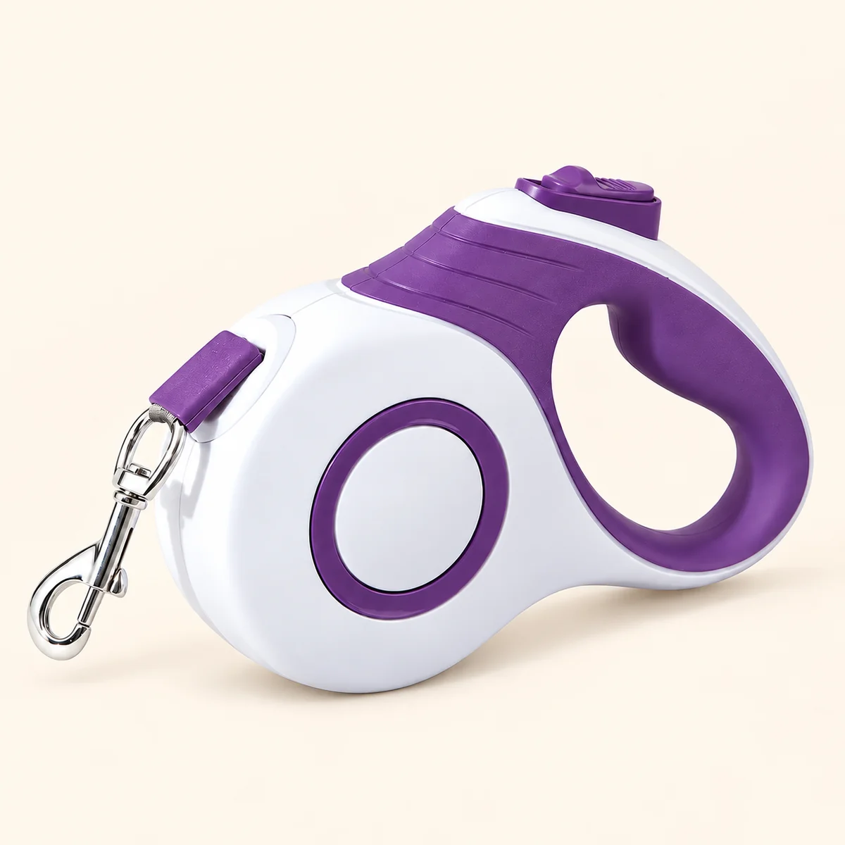 Correa retráctil de carcasa blanca con agarre morado